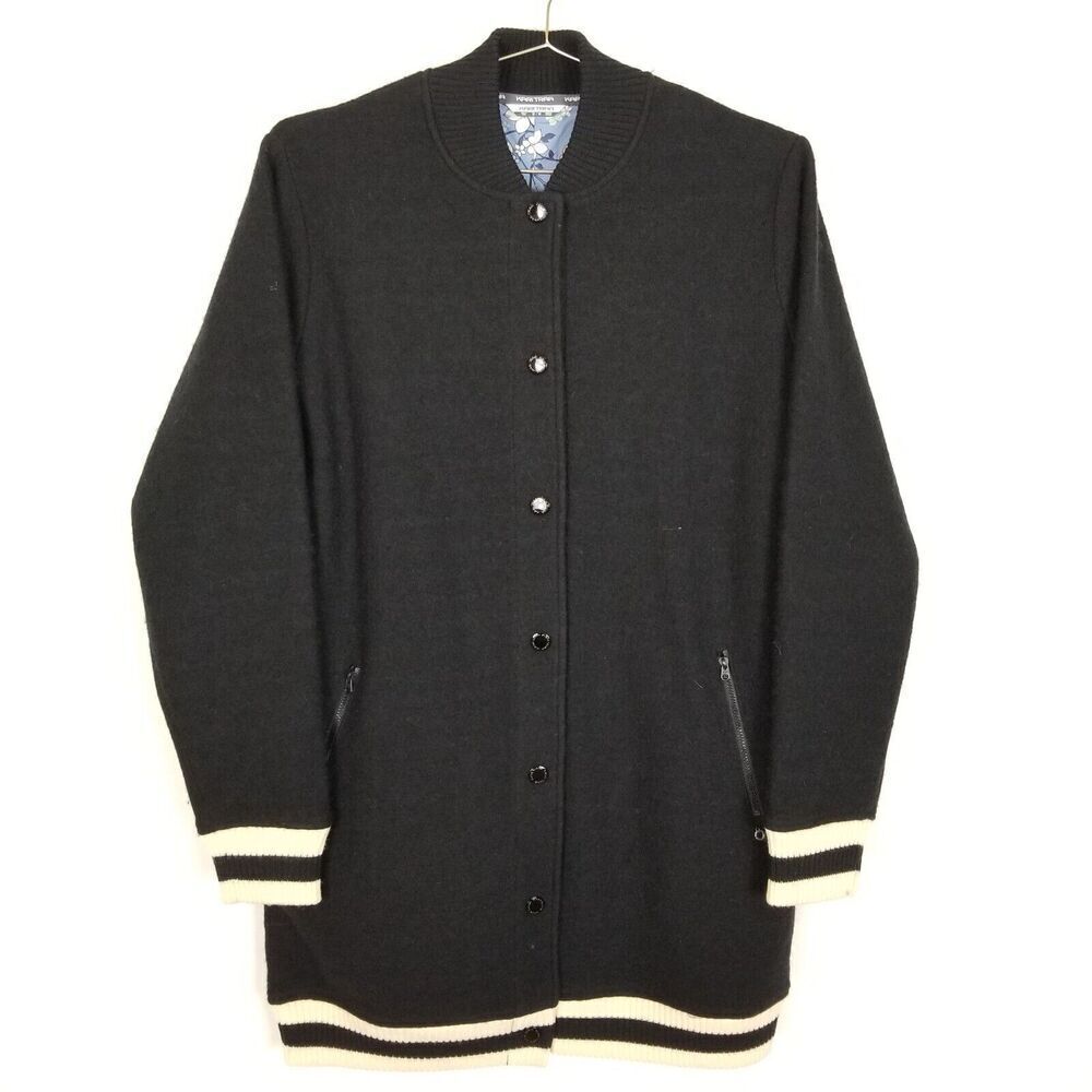 Kari Traa Women Long Boiled Wool Bomber Jacket Size M Black Snap ‎ Streetwear